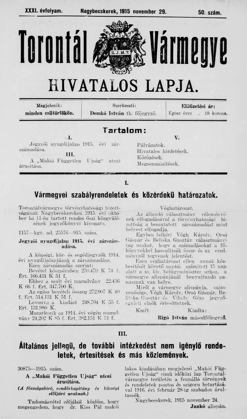 Torontál Vármegye Hivatalos Lapja, 31. évf. 1915. november 29. 50. sz.