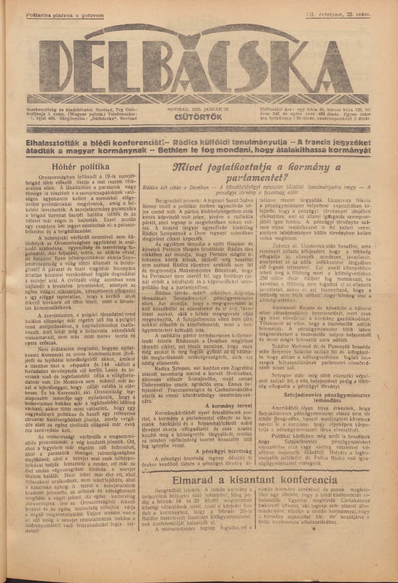 Délbácska, 7. évf. 1926. január 28. 22. sz.