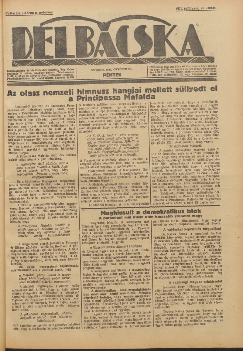 Délbácska, 8. évf. 1927. október 28. 251. sz.