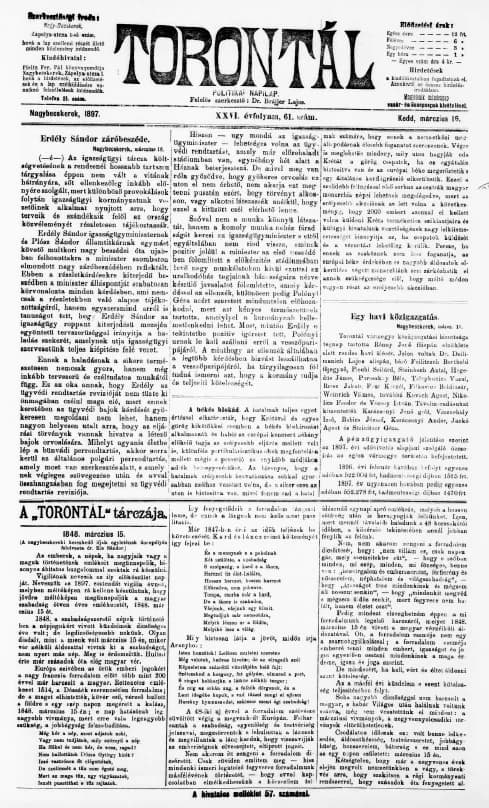 Torontál, 26. évf. 1897. március 16. 61. sz.