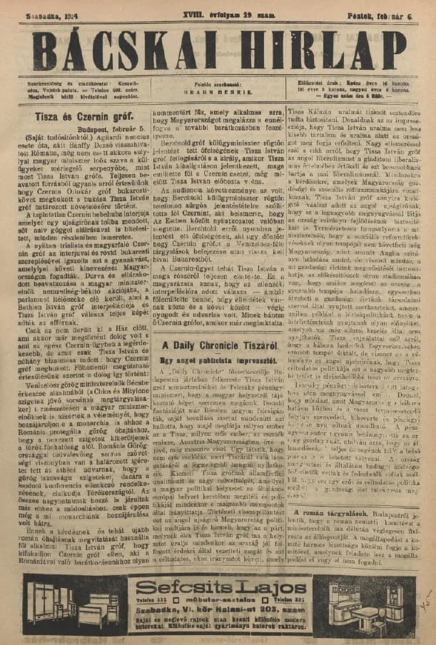 Bácskai Hirlap, 18. évf. 1914. február 6. 29. sz.