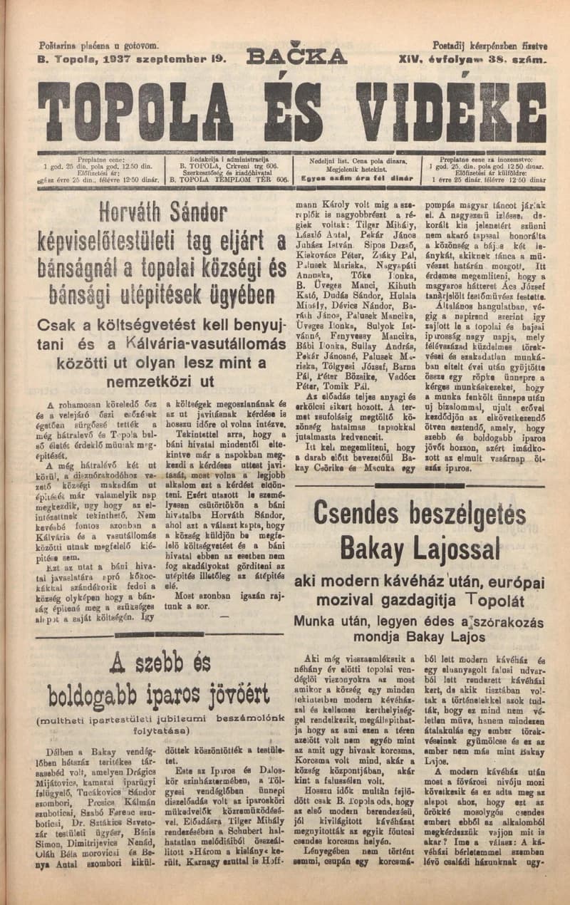 Bačka Topola és Vidéke, 14. évf. 1937. szeptember 19. 38. sz.