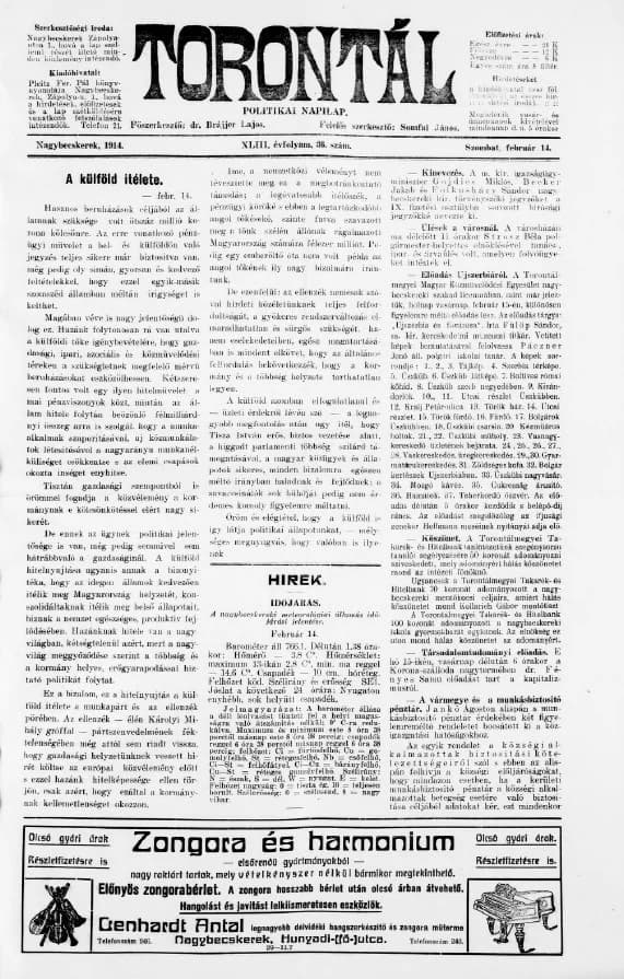 Torontál, 43. évf. 1914. február 14. 36. sz.