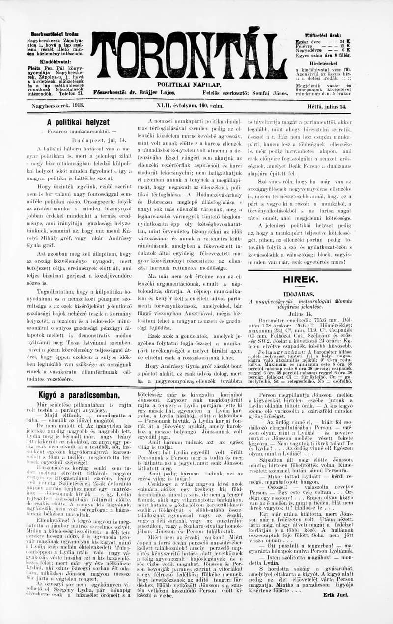 Torontál, 42. évf. 1913. július 14. 160. sz.