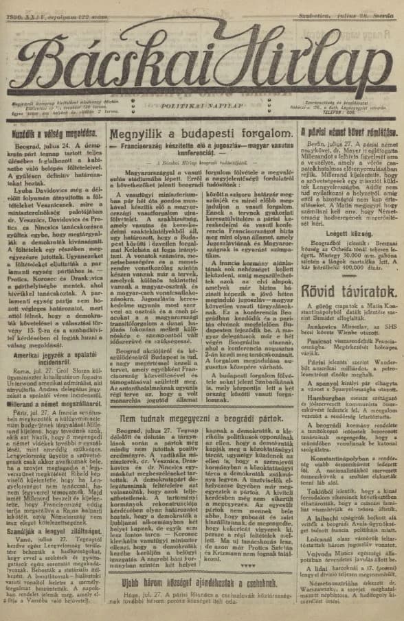 Bácskai Hirlap, 24. évf. 1920. július 28. 122. sz.