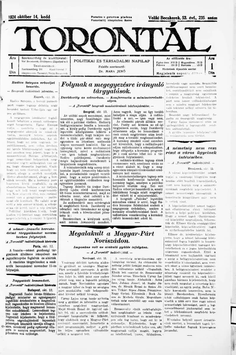 Torontál, 53. évf. 1924. október 14. 235. sz.
