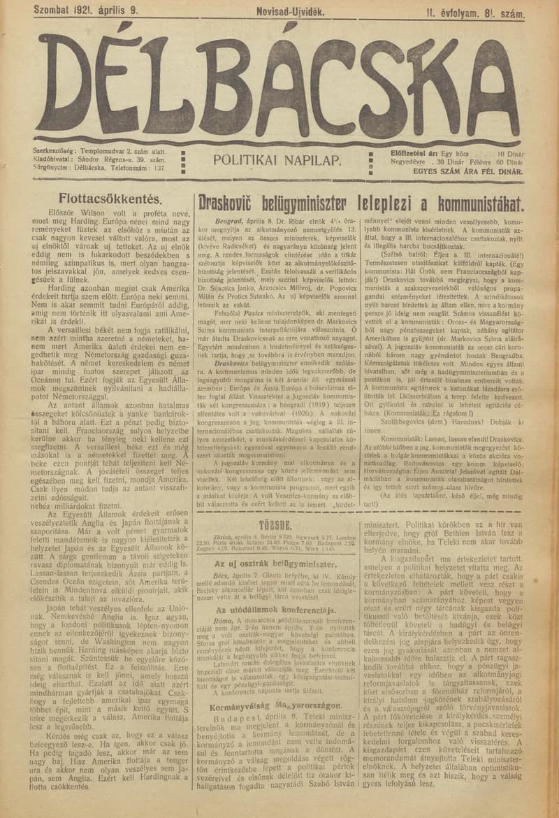 Délbácska, 2. évf. 1921. április 9. 81. sz.