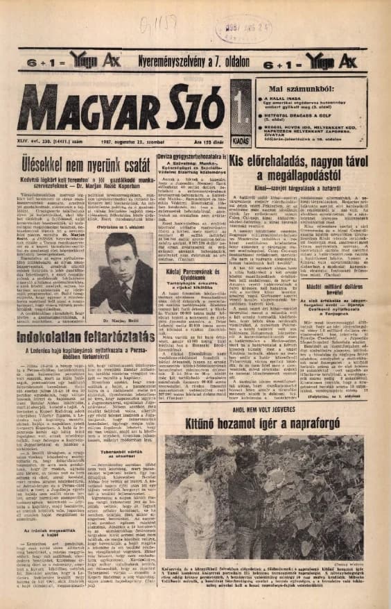 Magyar Szó, 44. évf. 1987. augusztus 22. 230. sz. 1–20. oldal
