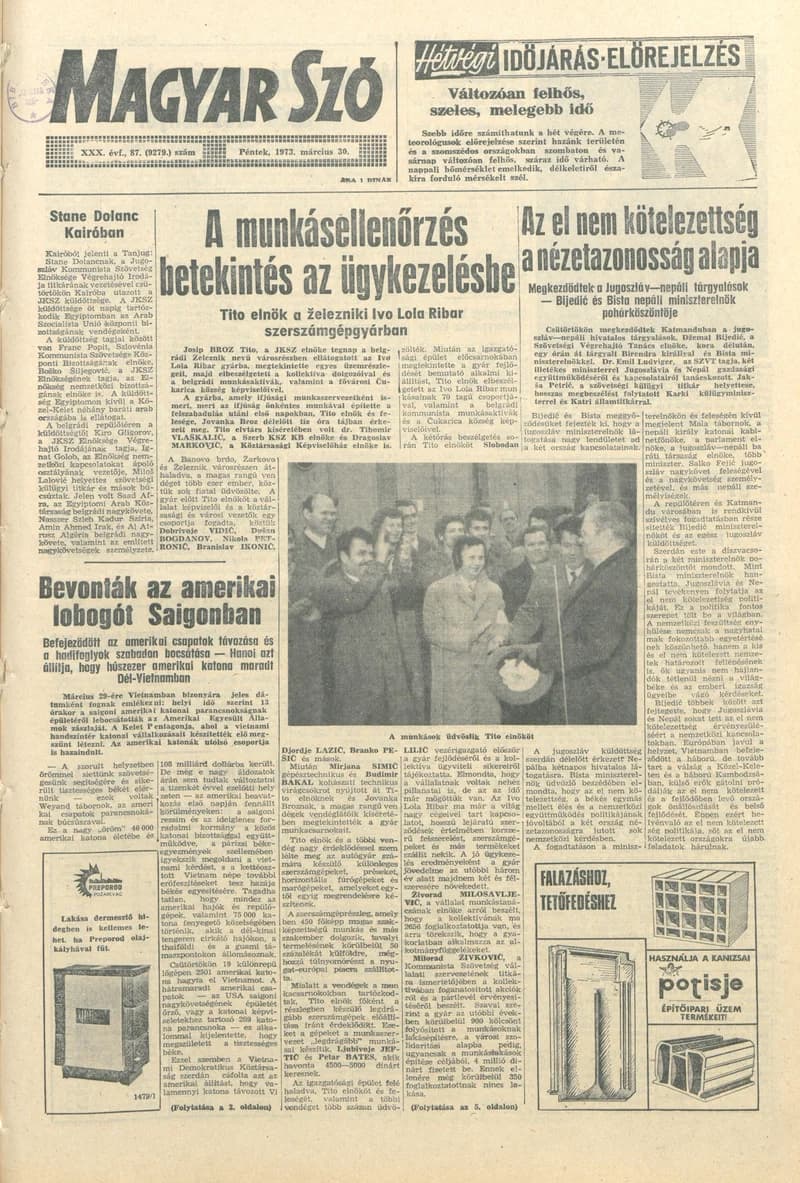 Magyar Szó, 30. évf. 1973. március 30. 87. sz. 1–14. oldal