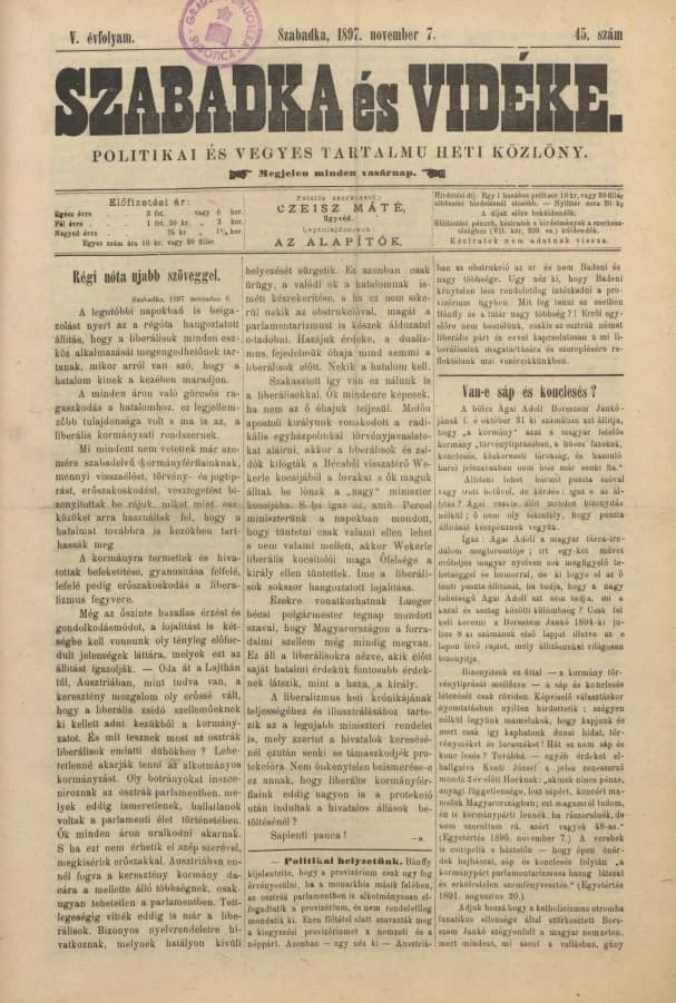 Szabadka és vidéke II, 5. évf. 1897. november 7. 45. sz.