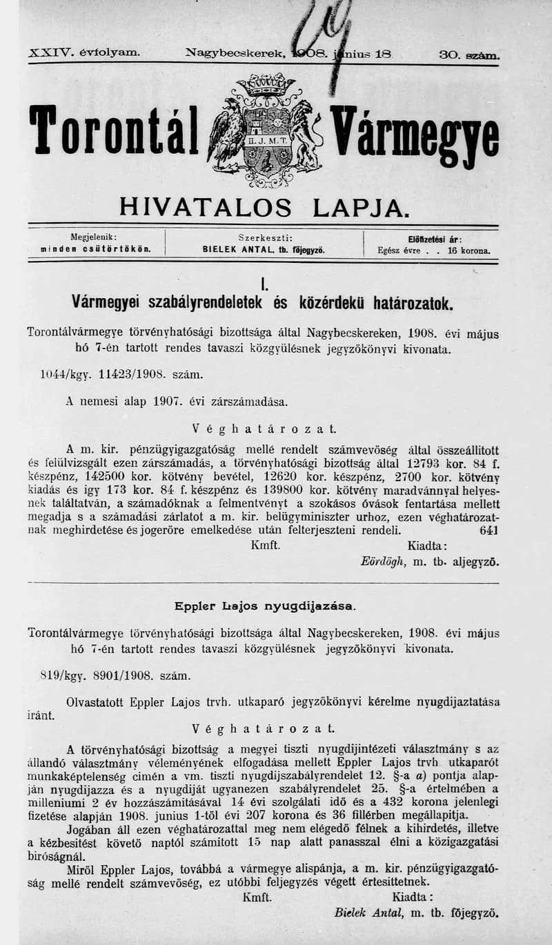 Torontál Vármegye Hivatalos Lapja, 24. évf. 1908. június 18. 30. sz.