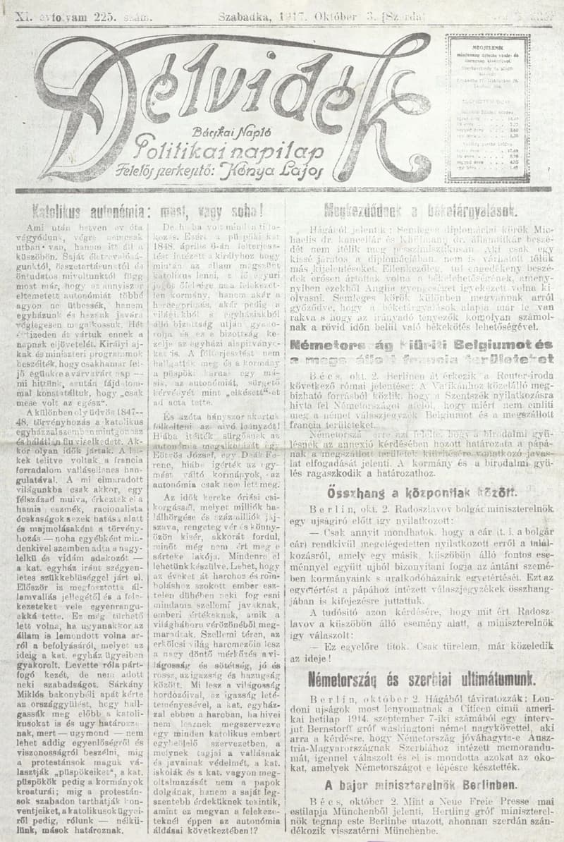 Délvidék, 12. évf. 1918. október 3. 225. sz.