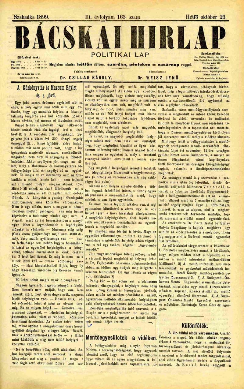 Bácskai Hirlap, 3. évf. 1899. október 23. 165. sz.