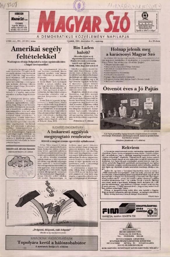 Magyar Szó, 58. évf. 2001. december 23. 295. sz. 1–28. oldal