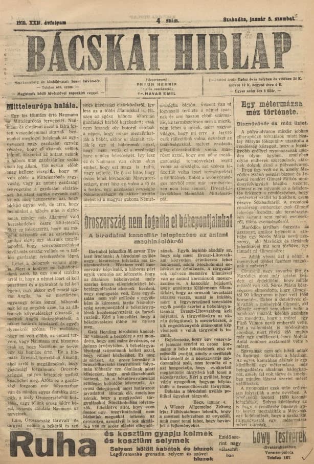 Bácskai Hirlap, 22. évf. 1918. január 5. 4. sz.