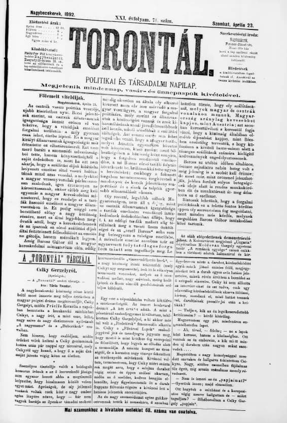 Torontál, 21. évf. 1892. április 23. 74. sz.
