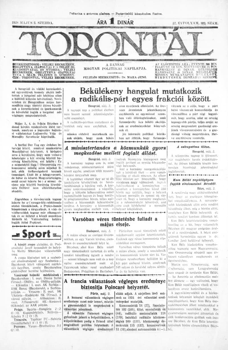 Torontál, 57. évf. 1928. május 2. 102. sz.