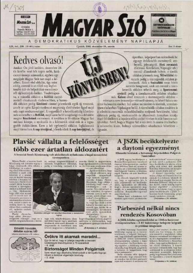 Magyar Szó, 59. évf. 2002. december 18. 299. sz. 1–16. oldal
