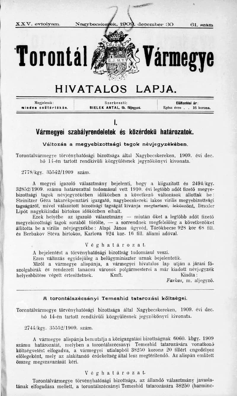 Torontál Vármegye Hivatalos Lapja, 25. évf. 1909. december 30. 61. sz.