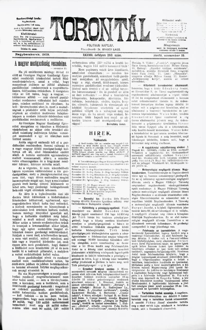 Torontál, 38. évf. 1909. november 15. 260. sz.