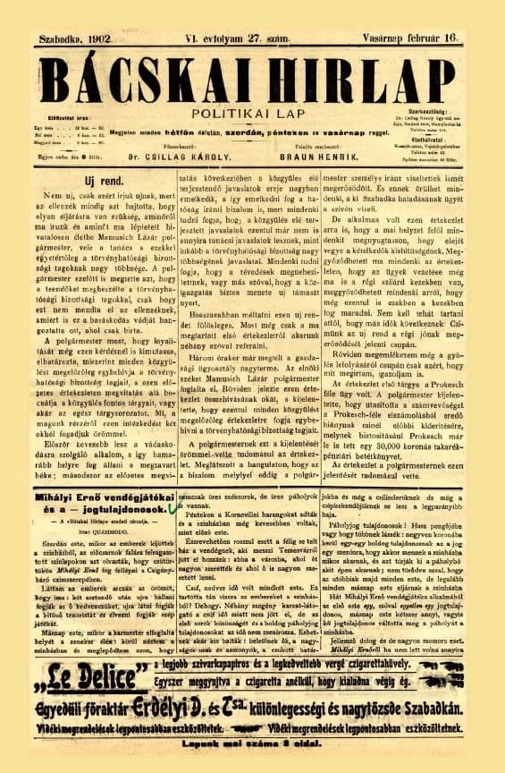 Bácskai Hirlap, 6. évf. 1902. február 16. 27. sz.