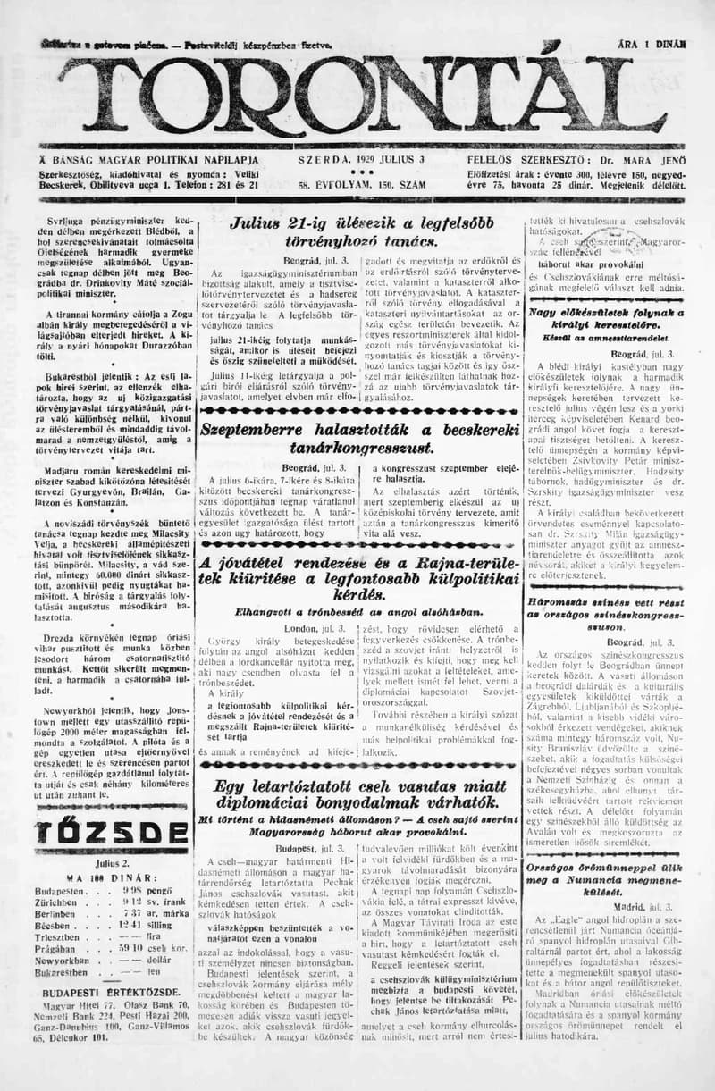 Torontál, 58. évf. 1929. július 3. 150. sz.