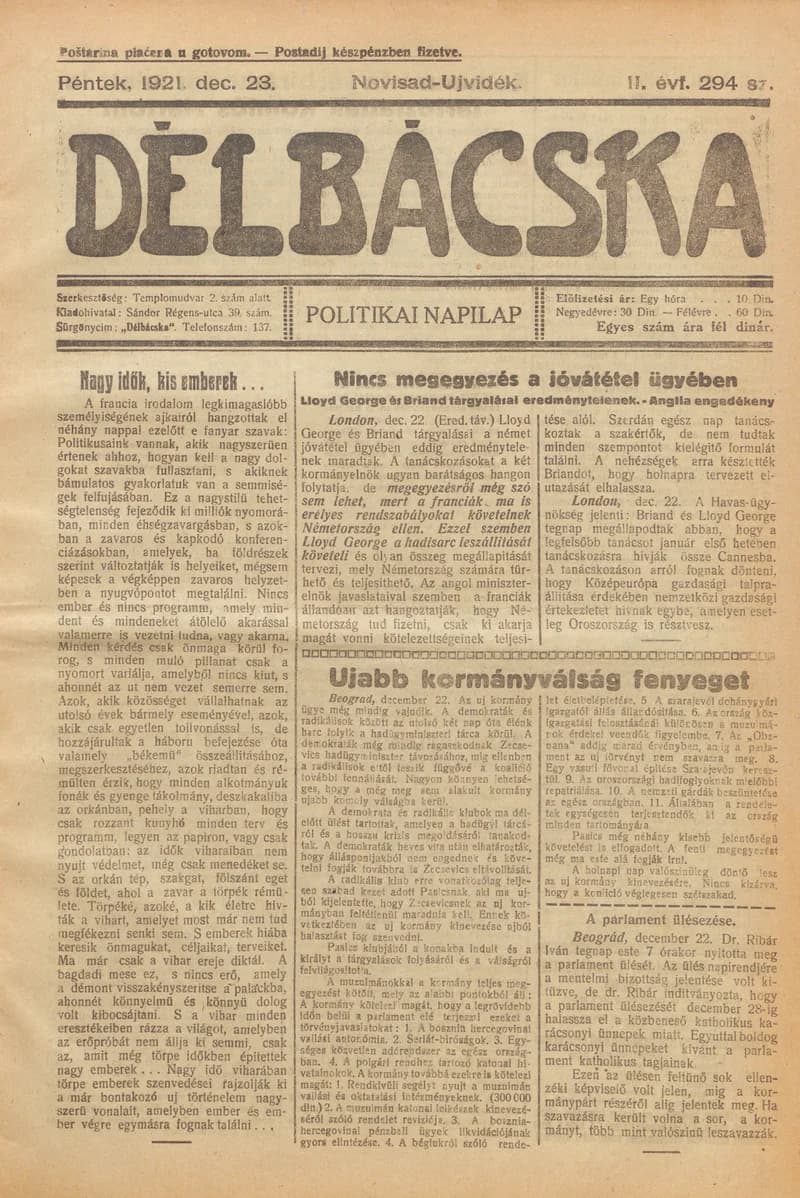 Délbácska, 2. évf. 1921. december 23. 294. sz.