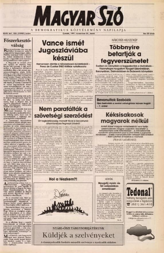 Magyar Szó, 48. évf. 1991. november 26. 326. sz. 1–20. oldal