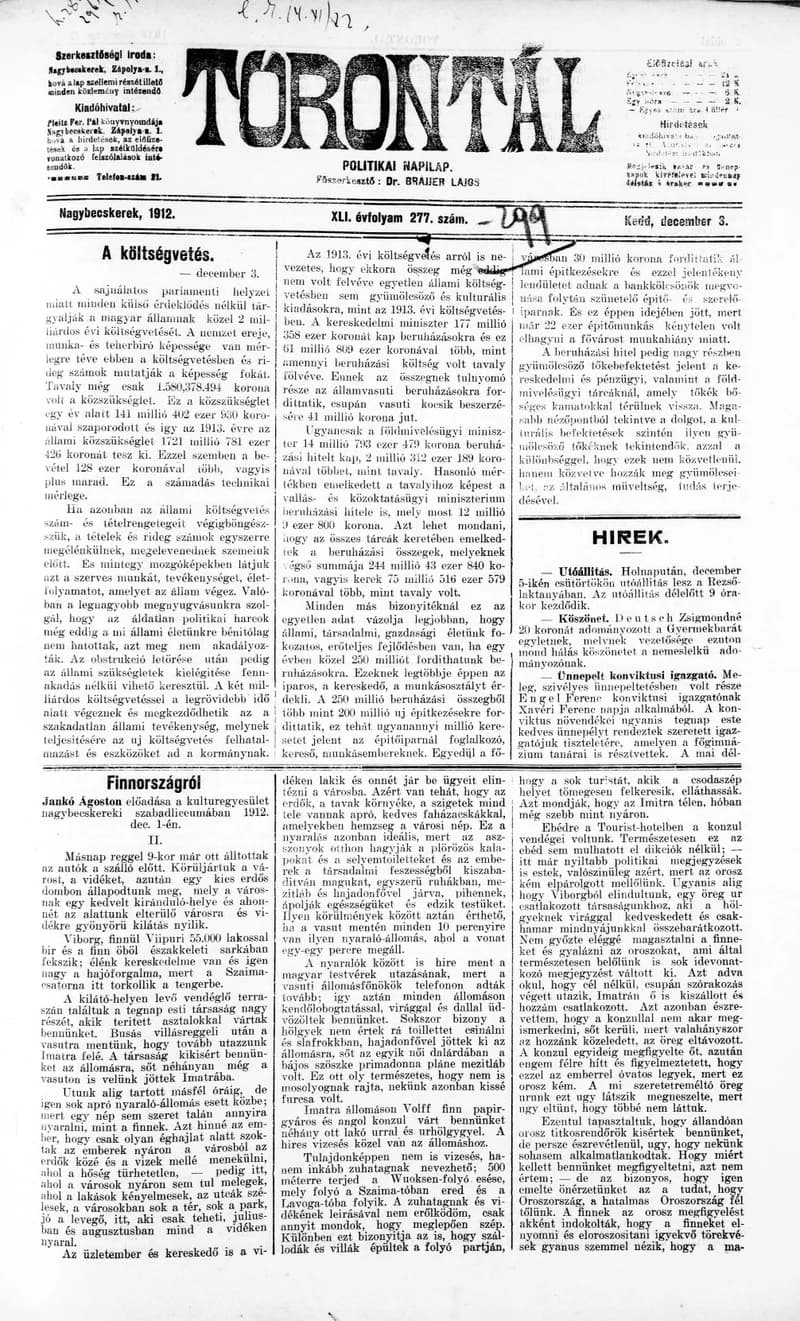 Torontál, 41. évf. 1912. december 3. 277. sz.