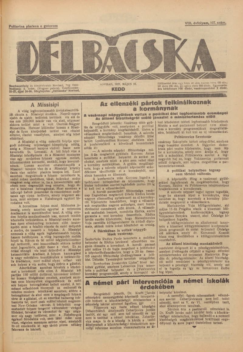 Délbácska, 8. évf. 1927. május 10. 108. sz.