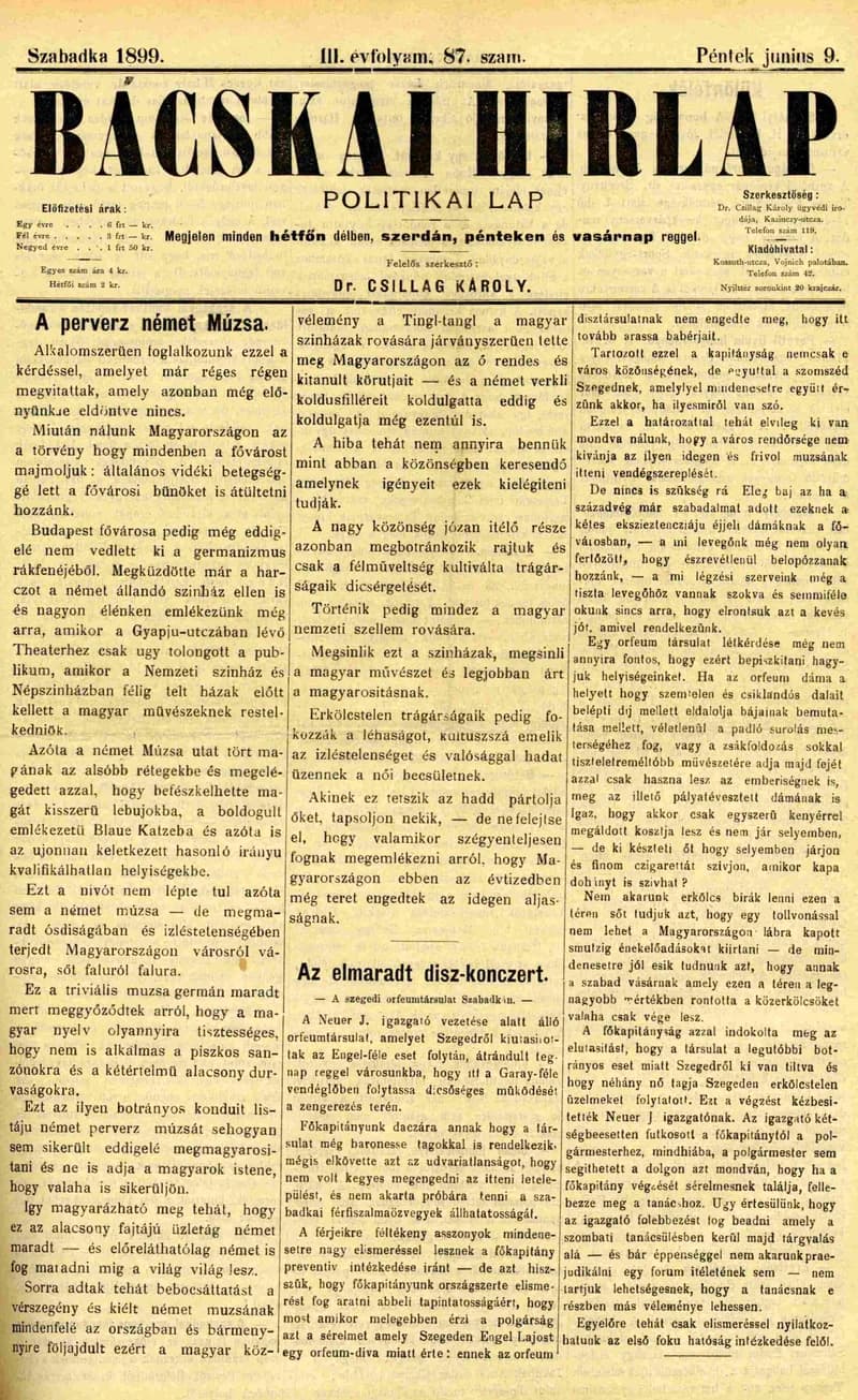 Bácskai Hirlap, 3. évf. 1899. június 9. 87. sz.