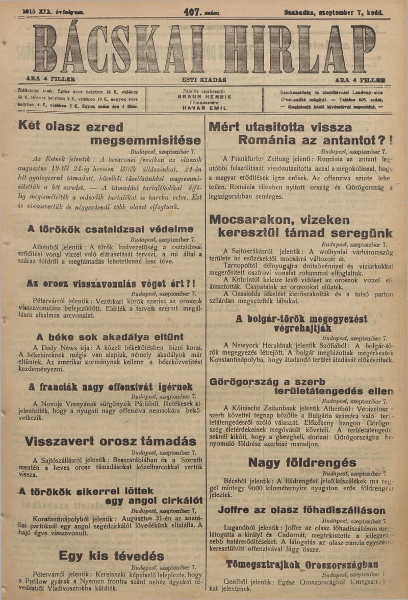 Bácskai Hirlap, 19. évf. 1915. szeptember 7. 407. sz.