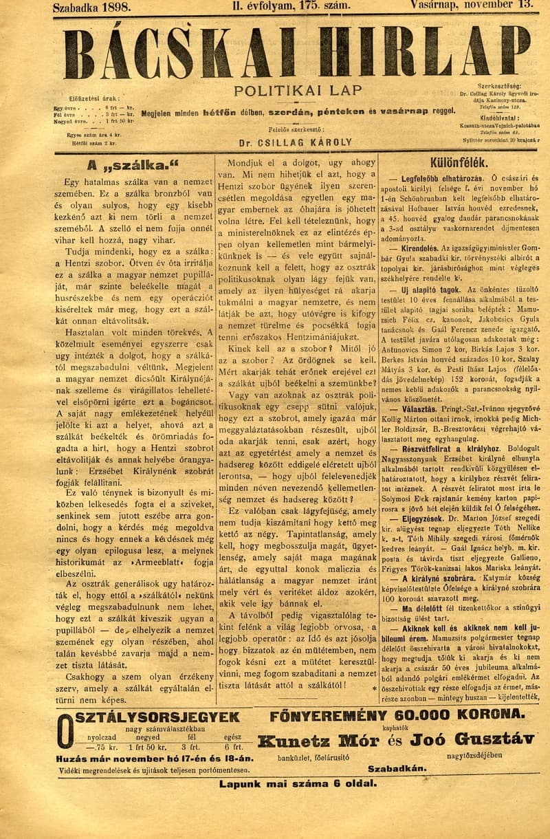 Bácskai Hirlap, 2. évf. 1898. november 13. 175. sz. 1–6. oldal