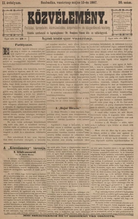 Közvélemény, 2. évf. 1887. május 15. 20. sz.