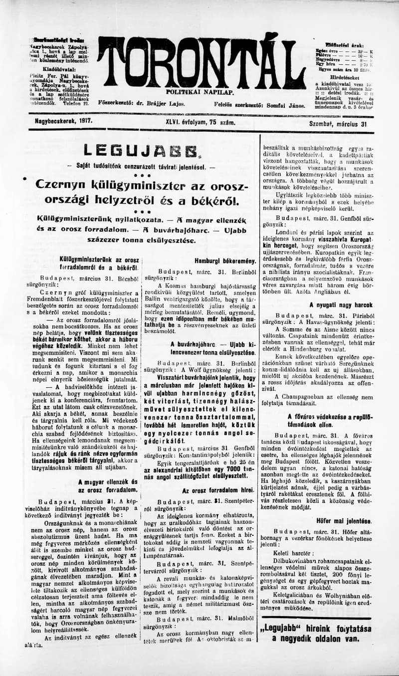 Torontál, 46. évf. 1917. március 31. 75. sz.