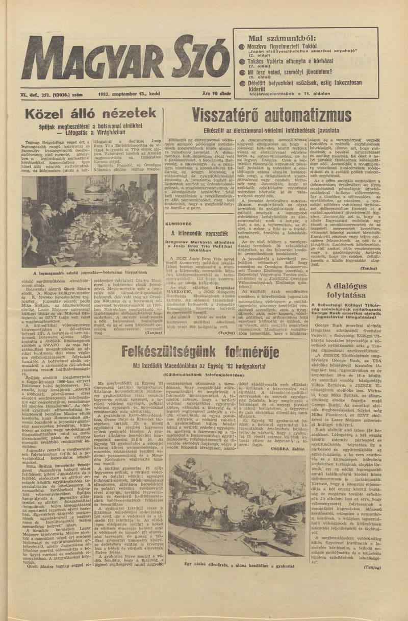 Magyar Szó, 40. évf. 1983. szeptember 13. 252. sz.
