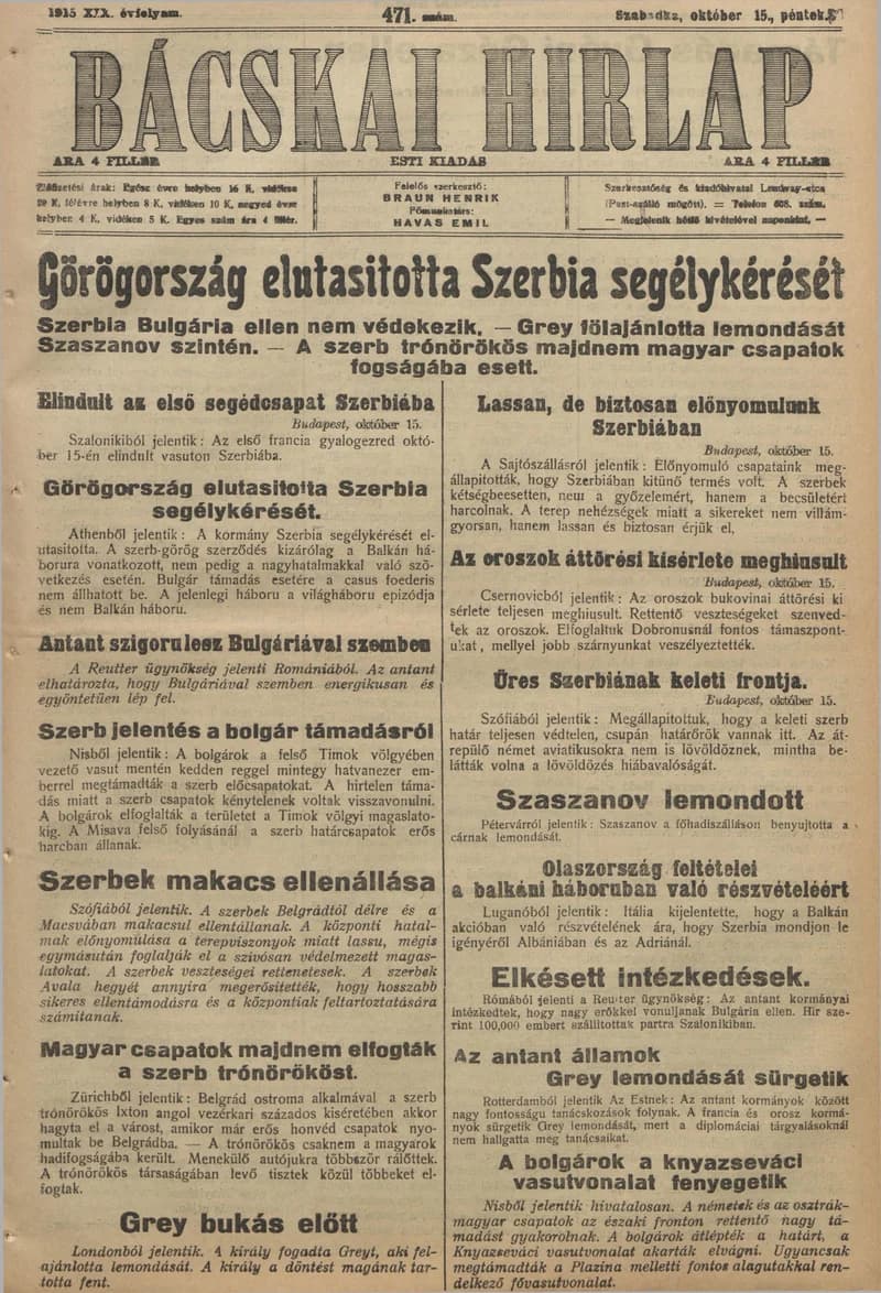 Bácskai Hirlap, 19. évf. 1915. október 15. 471. sz.