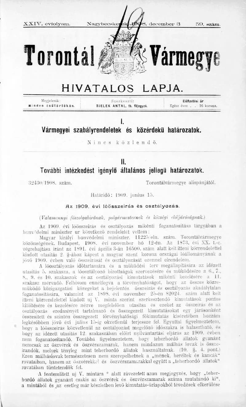 Torontál Vármegye Hivatalos Lapja, 24. évf. 1908. december 3. 59. sz.