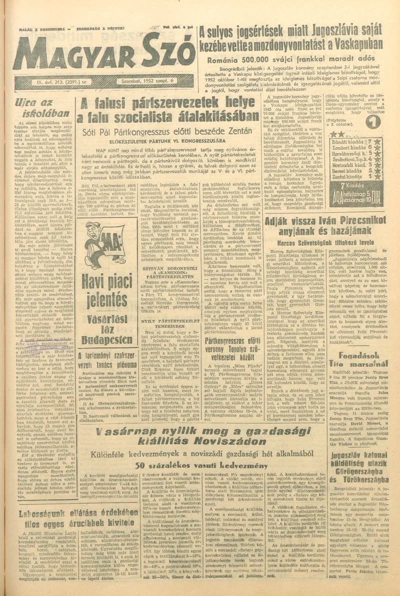 Magyar Szó, 9. évf. 1952. szeptember 6. 213. sz. 1–6. oldal