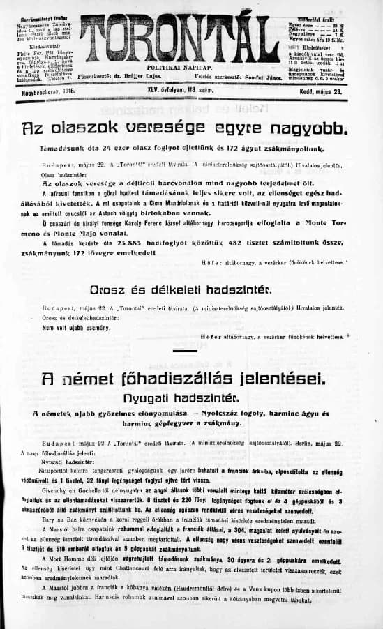 Torontál, 45. évf. 1916. május 23. 118. sz.
