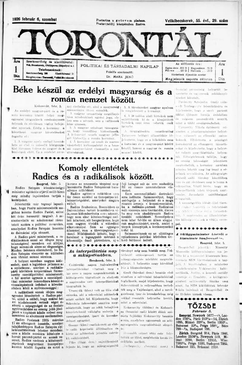 Torontál, 55. évf. 1926. február 6. 29. sz.