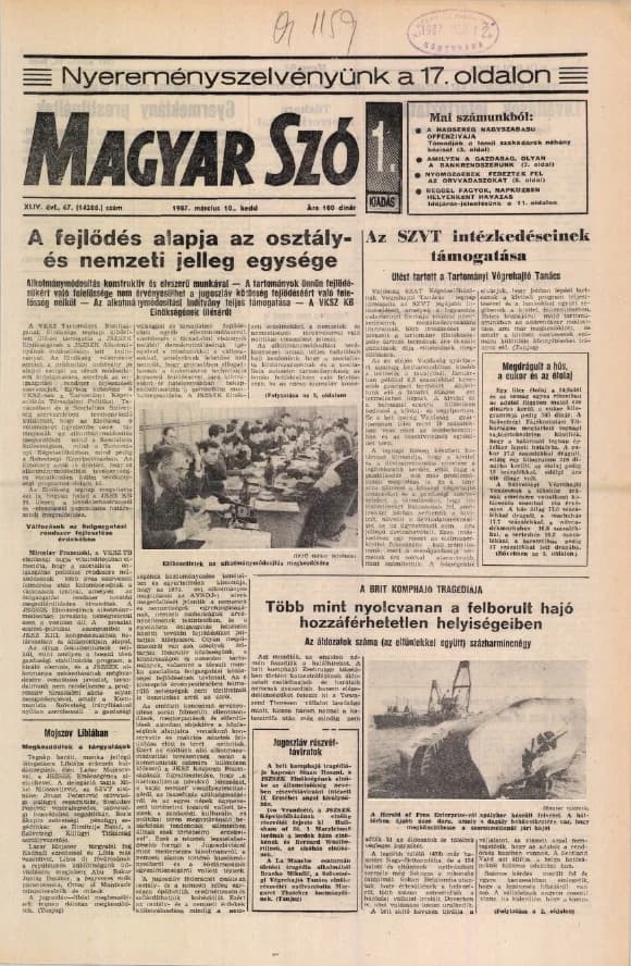 Magyar Szó, 44. évf. 1987. március 10. 67. sz. 1–20. oldal