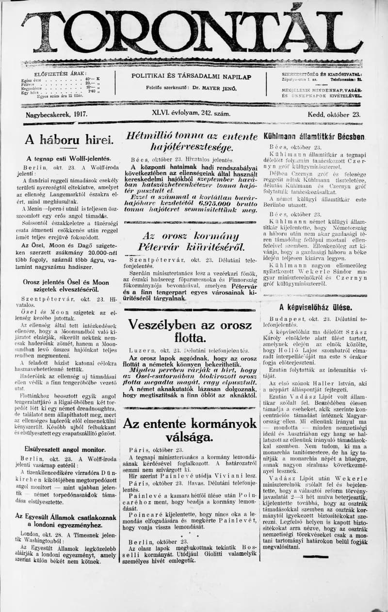 Torontál, 46. évf. 1917. október 23. 242. sz.