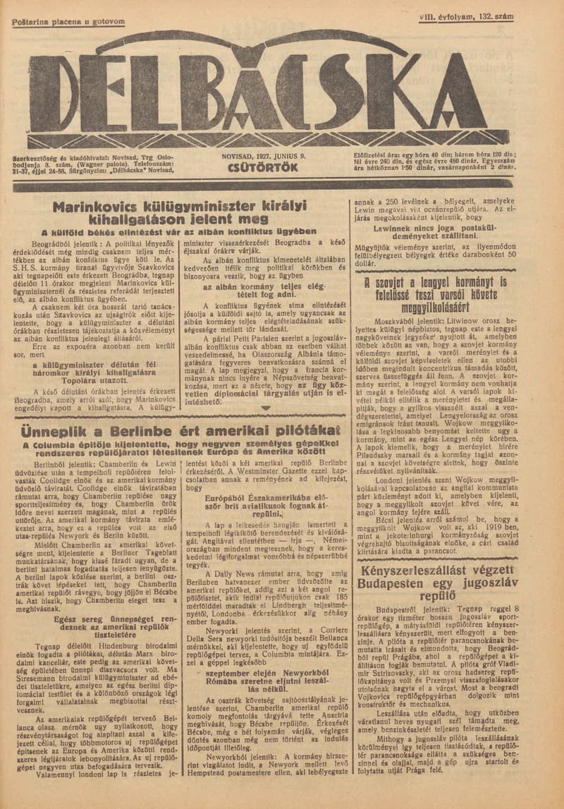 Délbácska, 8. évf. 1927. június 9. 132. sz.
