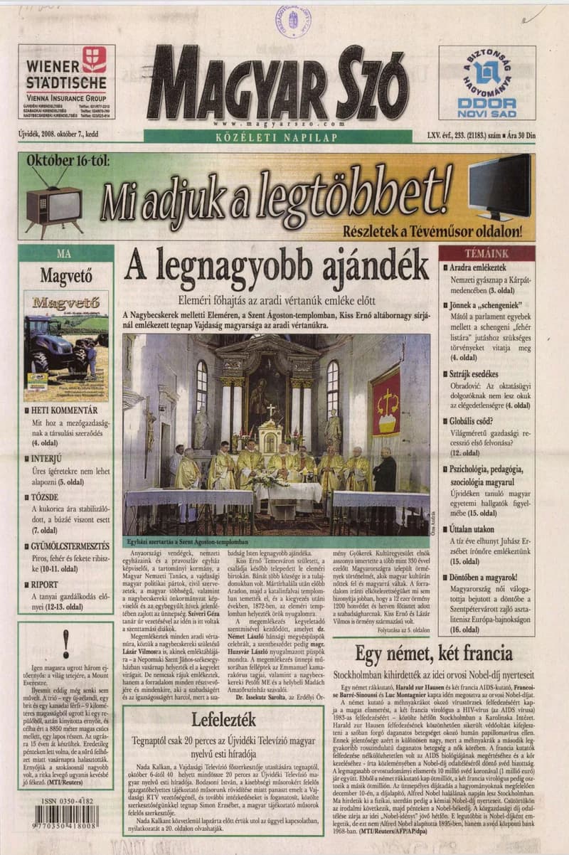 Magyar Szó, 65. évf. 2008. október 7. 233. sz. 1–20. oldal