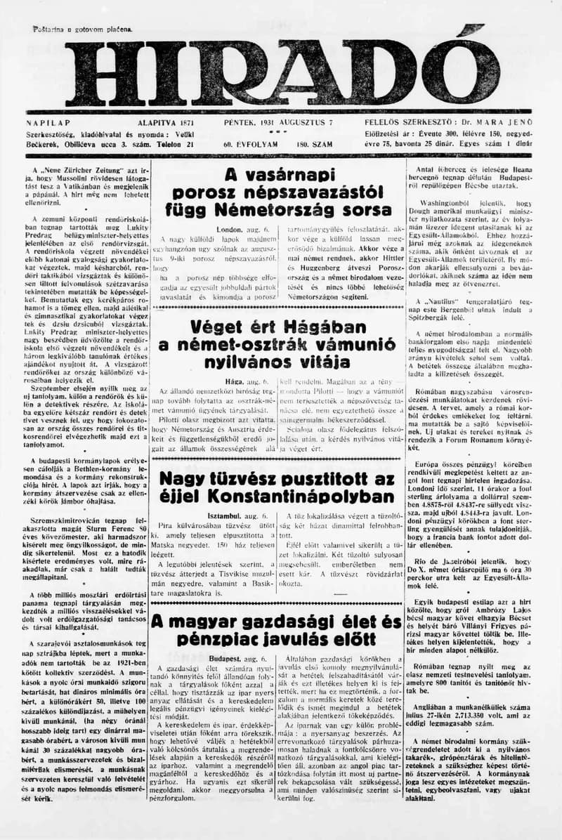 Híradó, 60. évf. 1931. augusztus 7. 180. sz.