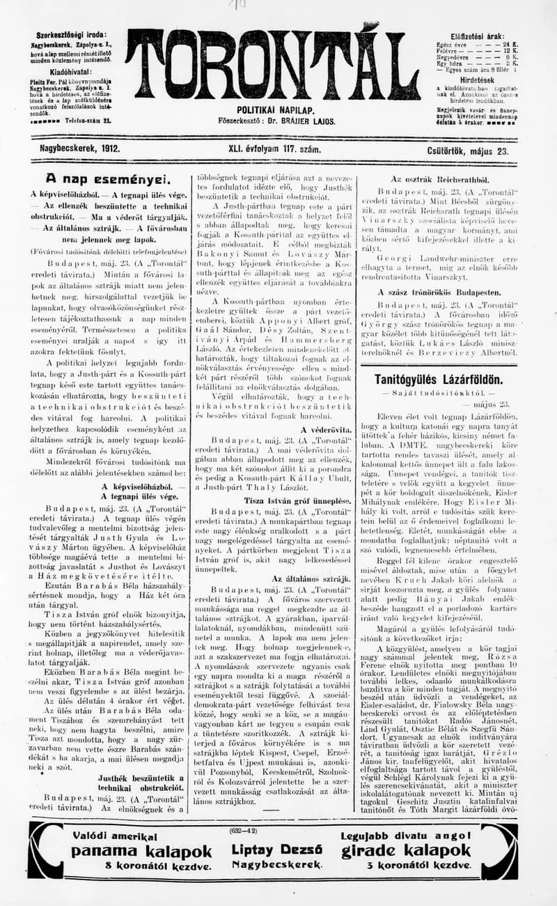 Torontál, 41. évf. 1912. május 23. 117. sz.