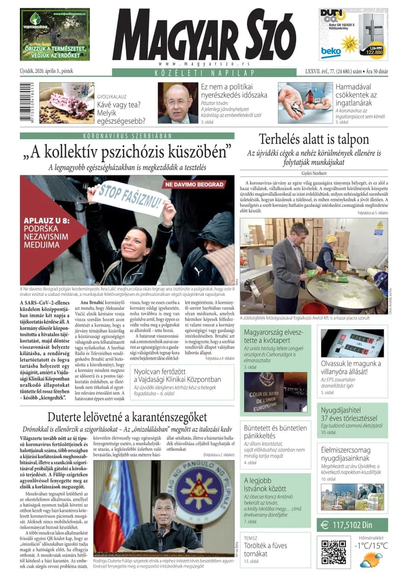 Magyar Szó, 77. évf. 2020. április 3. 77. sz. 1–16. oldal