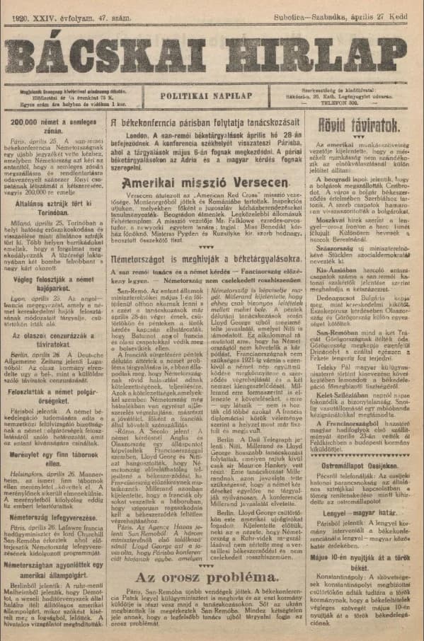 Bácskai Hirlap, 24. évf. 1920. április 27. 47. sz.