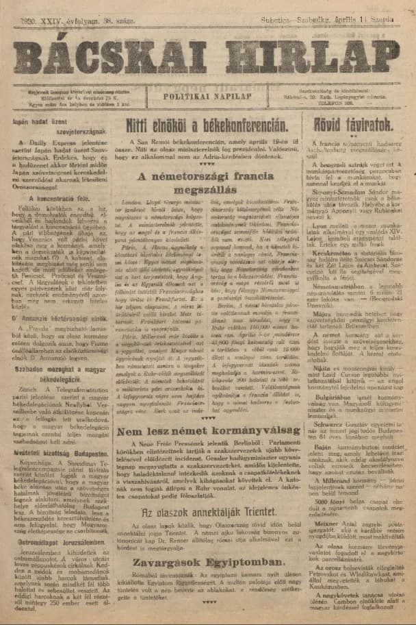 Bácskai Hirlap, 24. évf. 1920. április 14. 38. sz.
